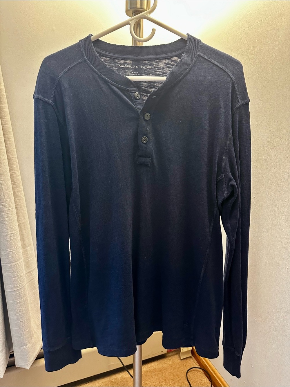 American Eagle Outfitters Men's Dark Navy Long-Sleeve Henley